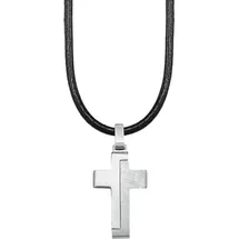 S.Oliver Kette mit Anhänger Edelstahl Leder Jungen Kinder Halsschmuck, 40+3 cm, Schwarz, Kreuz, Kommt in Schmuck Geschenk Box, 2024225