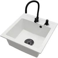 Spüle Granit Weiß Big DON Armatur FLEX Automatischer Schwarzer Siphon