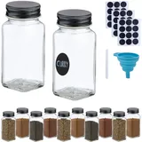 Relaxdays Gewürzgläser 12er Set, Streueinsatz, Gewürzdosen Glas, 120 ml, mit Etiketten & Trichter, transparent/schwarz