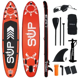 24move 24MOVE® Standup Paddle Board SUP, inkl. umfangreichem Zubehör, Paddel und Hochdruckpumpe, ROT, 366x80x15cm