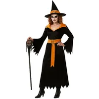 Foxxeo Hexenkostüm Damen Schwarz Orange - Größe XL - Halloween Kostüm Hexe mit Kleid, Gürtel und Hut - Hexenkleid Fasching Karneval Verkleidung - Hexen Outfit Erwachsene