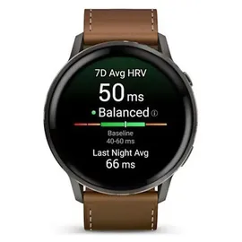 Garmin Venu 4 45 mm Schwarz/Schiefergrau Leder Armband Dunkelbraun