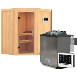 Karibu Sauna Taurin mit Eckeinstieg 68 mm-9 kW Bio-Kombiofen inkl. Steuergerät-Ohne Dachkranz-Klarglas Ganzglastür