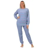 Normann Pyjama Normann Damen langarm Frottee Schlafanzug mit Bündchen gestreift blau 36-38