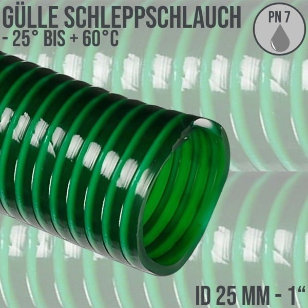 25 mm 1" Zoll Schlepp Gülle Saug Ansaug Spiral Förder Pumpen PVC Schlauch grün PN 7 bar