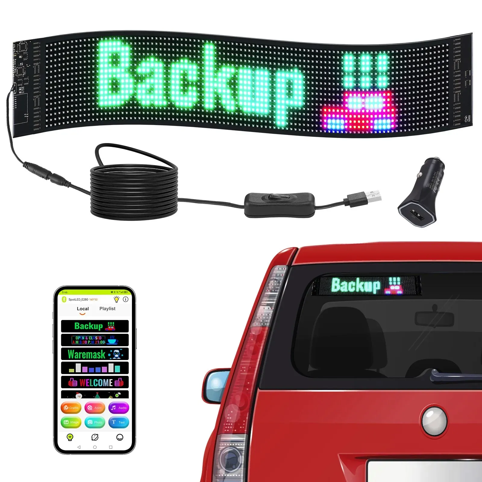 VEVOR Programmierbares LED-Schild, P6 Vollfarb-LED-Scrolling-Panel, DIY-Anzeigetafel mit benutzerdefiniertem Textanimationsmuster, Bluetooth-App-Steuerung, Nachrichten-Ladenschild 68 x 12 cm