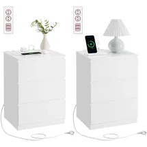 VASAGLE Nachttisch 2er Set, 2 AC-Steckdosen, modern, wolkenweiß