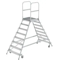 Podestleiter 8 Stufen, fahrbar, Aluminium/Stahl-Gitterrost