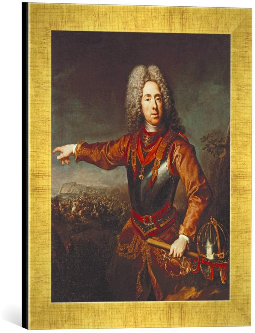 Gerahmtes Bild von Jacob Van Schuppen Prinz Eugen/Gemälde von Schuppen, Kunstdruck im hochwertigen handgefertigten Bilder-Rahmen, 30x40 cm, Gold Raya