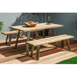 OUTFLEXX Garten-Essgruppe, Edelstahl/recyceltes Teakholz, Tisch 160x90 cm, 2 Bänke, A-Gestell