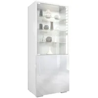 Vladon Vitrine, Weiß Hochglanz, 50x122.5x34.5 cm, Wohnzimmer, Wohnwände, Vitrinenschränke