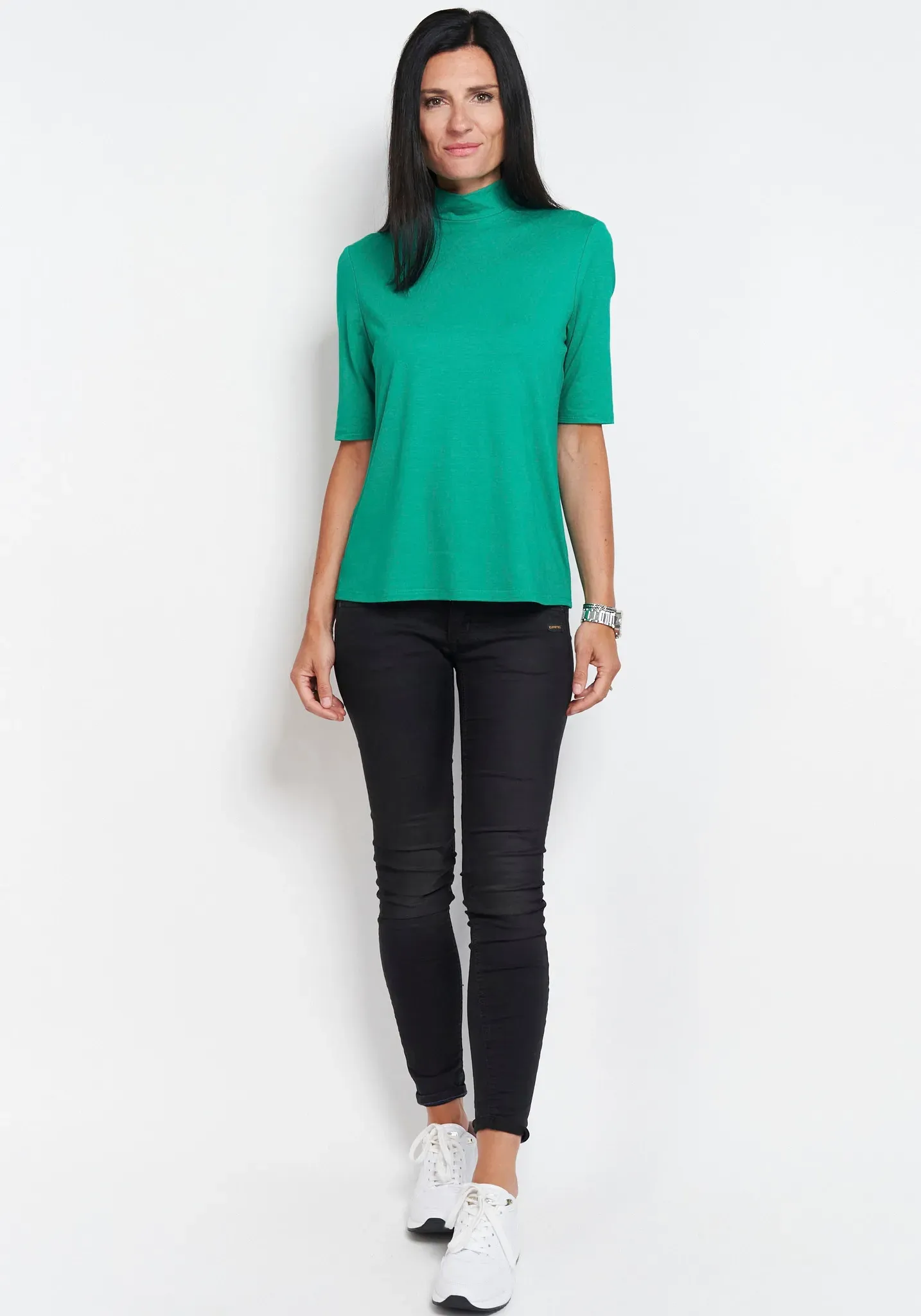Stehkragenshirt SEIDEL MODEN, Damen, Gr. 46, grün, Jersey, Obermaterial: 95% Viskose, 5% Elasthan, unifarben, figurumspielend hüftlang, Rundhals, abgesteppte Kante, Shirts Stehkragenshirt, im hüftlangen Schnitt, MADE IN GERMANY