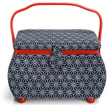 Prym 612031 Nähkorb L Kyoto – Großer Nähkorb mit 7-Fach-Einsatz & Deckel-Innentasche, marineblau mit rotem Griff, Nähzubehörbox mit Baumwollbezug & Stauraum für Kurzwaren