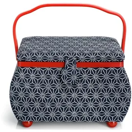 Prym 612031 Nähkorb L Kyoto – Großer Nähkorb mit 7-Fach-Einsatz & Deckel-Innentasche, marineblau mit rotem Griff, Nähzubehörbox mit Baumwollbezug & Stauraum für Kurzwaren