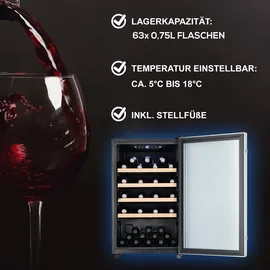 Tronitechnik TroniTechnik® Weinkühlschrank, Getränkekühlschrank, 126 Liter, 63 Flaschen, Wein Kühlschrank Edelstahl-Optik, mit LED