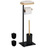 Relaxdays - wc Garnitur, Bambus, Eisen, freistehender Klopapierhalter, Toilettenbürste mit Bürstenhalter, schwarz/natur