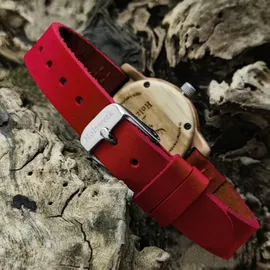Holzwerk Germany Handgefertigte kleine Damen Holz Uhr mit Leder Armband in rot, Braun