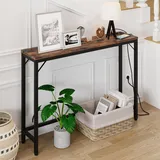 Garvee Konsolentisch Mit Steckdosenleiste Und USB-Anschlüssen, Schmaler Konsolentisch Mit Ladestation, Beistelltisch, Für Foyers, Flure, 100x23x80 cm Vintagebraun Und Schwarz