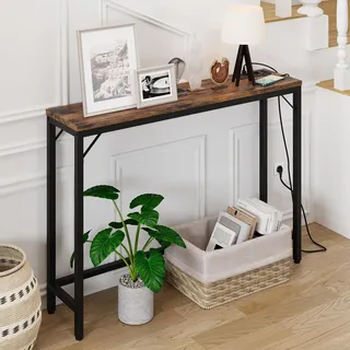 Garvee Konsolentisch Mit Steckdosenleiste Und USB-Anschlüssen, Schmaler Konsolentisch Mit Ladestation, Beistelltisch, Für Foyers, Flure, 100x23x80 cm Vintagebraun Und Schwarz