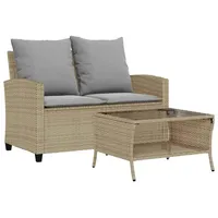 vidaXL Gartensofa 2-Sitzer mit Kissen & Tisch Beige Poly Rattan