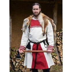 Battle Merchant Wikinger-Kostüm Wikinger Tunika Halvar mit Stickerei aus Baumwolle, natur/rot rot 46 – S