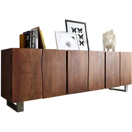 DeLife - Kommode Live-Edge Akazie Braun 220 cm 3 Türen, Massivholz Baumkante Sideboard - Maße: B220 x T46 x H75 cm - Braun