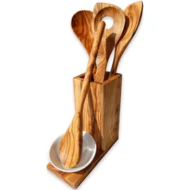 Olivenholz-erleben Kochlöffel-Set aus Olivenholz und Porzellan 5-tlg.