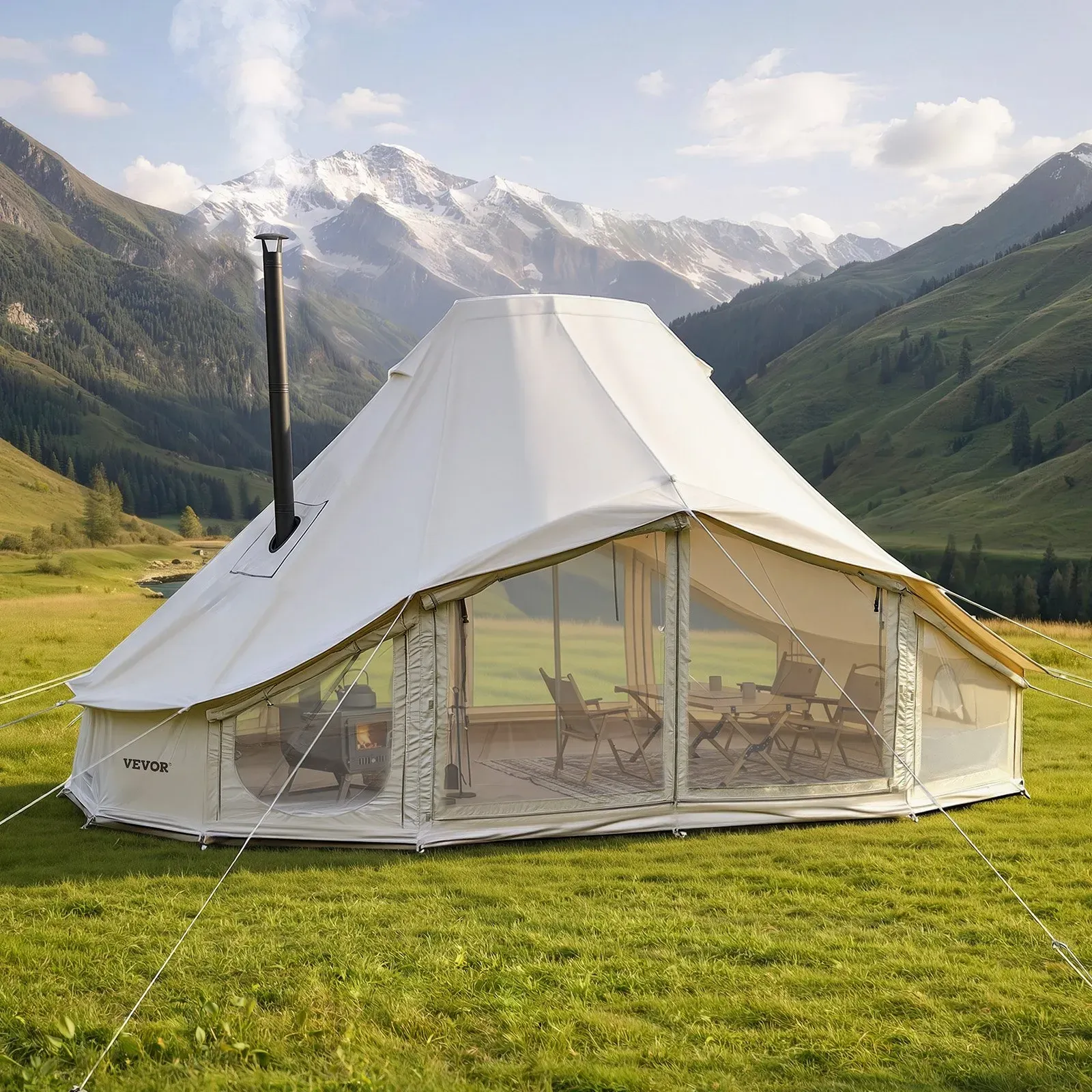 VEVOR Glockenzelt, 4 Jahreszeiten, 6x4x3,1 m, Jurtenzelt mit Ofenrohrdurchführung & Regenhülle, Poly-Baumwoll-Gewebe, bis zu 12 Personen, Ideal für Familien-Camping & Outdoor-Aktivitäten, Beige