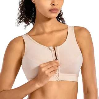 SYROKAN Damen Sport BH Starker Halt - Vorderverschluss Ohne Bügel Und Einlagen für Nach Brust OP Fitness Lauf Yoga Beige 95C - 95C
