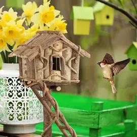 Relaxdays Vogelhaus stehend, unbehandeltes Deko Vogelhäuschen auf Ständer, handgemachtes Holzhaus mit Leiter, natur,