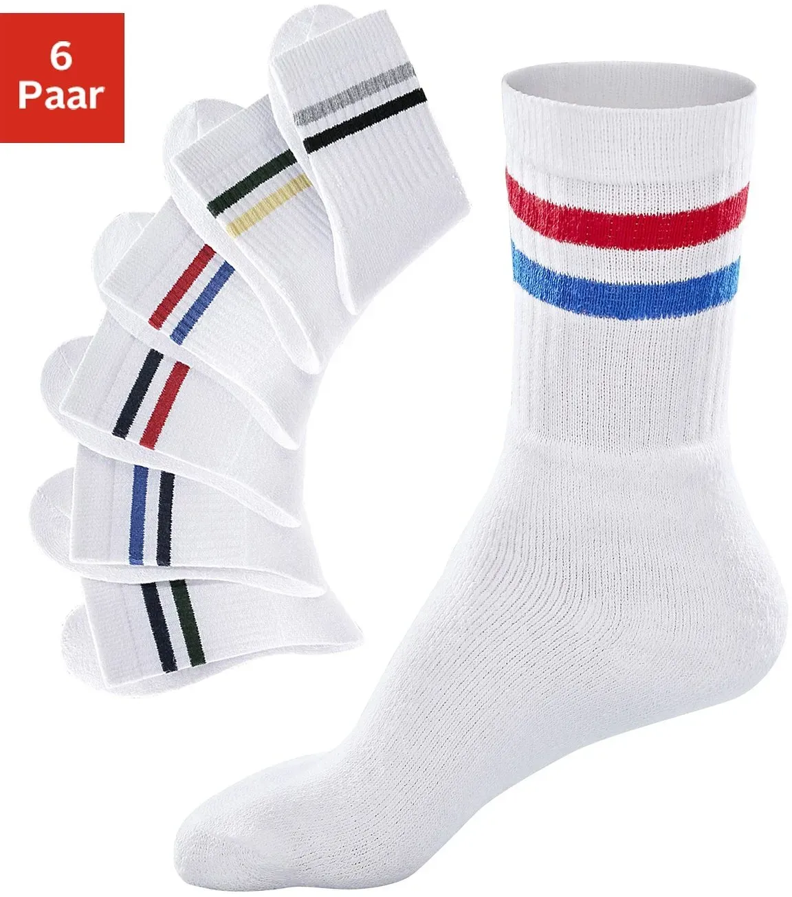 Freizeitsocken GO IN, Herren, Gr. 47-50, weiß, Obermaterial: 60% Baumwolle, 39% Polyester, 1% Elasthan, geringelt, Socken, mit farbigen Streifen