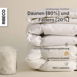 RIBECO GERMANY Daunenbettdecke 155x220 cm – Wärmeklasse: leicht – –kuschelige Decke mit Kassettensteppung, - Weiß