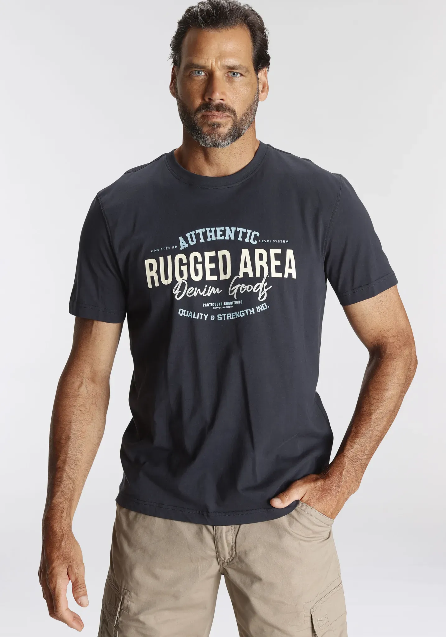 T-Shirt MAN'S WORLD, Herren, Gr. S (44/46), blau (dunkelblau), Single Jersey, Obermaterial: 100% Baumwolle, bedruckt, regular fit, Rundhals, Shirts T-Shirt, Kurzarm, Regular Fit, mit Print, Rundhalsausschnitt