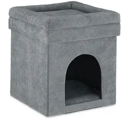 Relaxdays Katzenhöhle Hocker, Versteck für Katzen & kleine Hunde, faltbarer Sitzhocker, HxBxT: 42 x 38 x 38 cm, grau