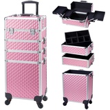 Kosmetikkoffer Trolley 4-in-1 Kosmetikkoffer Groß Kosmetik Trolley Make up Koffer Schminkkoffer mit Rollen Friseurkoffer Alu Beauty Case Nagelkoffer Multikoffer, Rosa