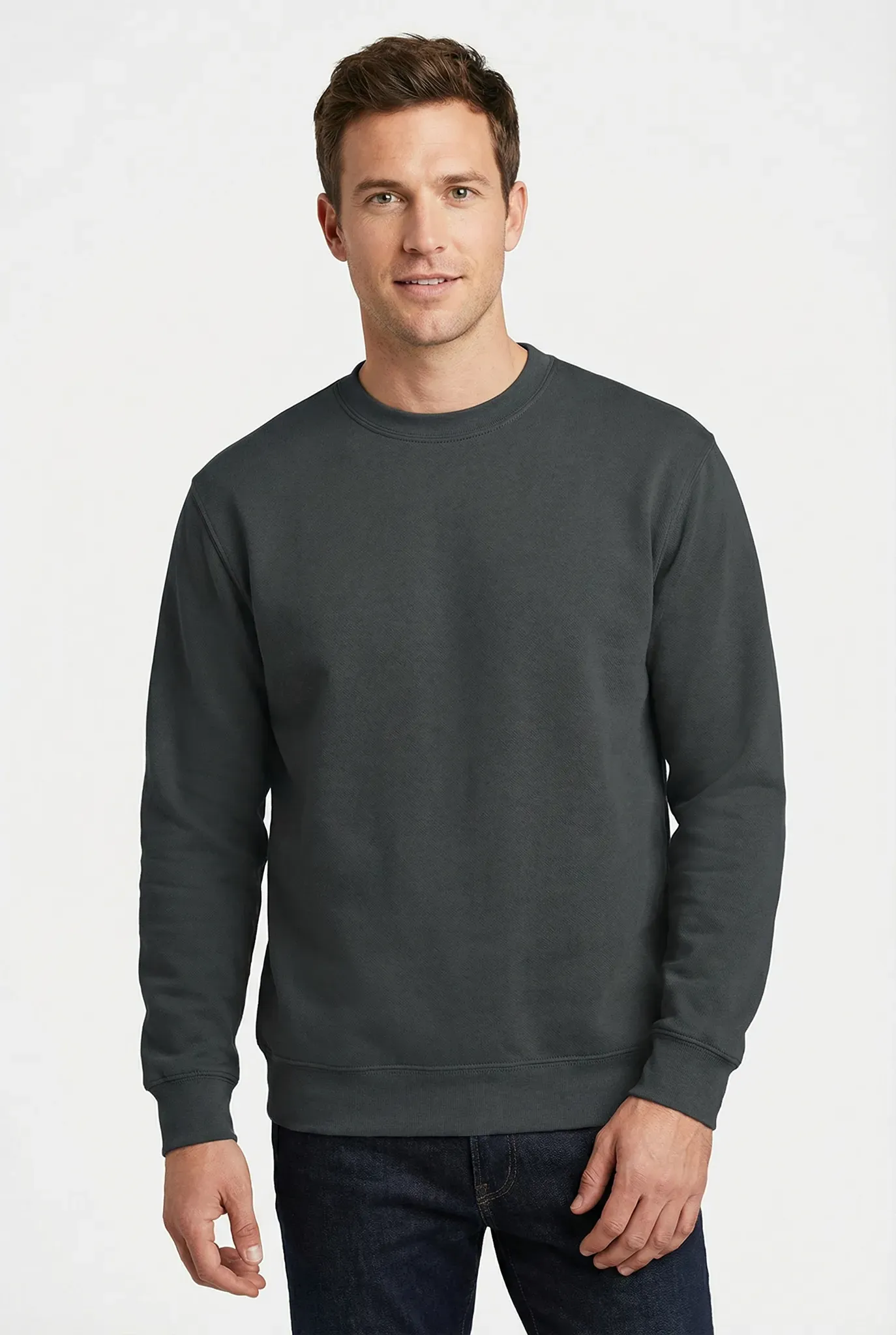 Sweatshirt FRUIT OF THE LOOM, Herren, Gr. L (52/54), grau (graphit), angeraute Sweatware, Obermaterial: 80% Baumwolle, 20% Polyester, unifarben, schmal hüftlang, Rundhals, Rippbündchen, Sweatshirts Sweatshirt, im unifarbenen Design