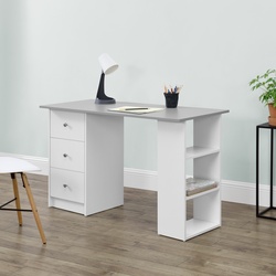 Schreibtisch Lemberg 120x50x72 cm mit Schubladen + Ablage + Regal Weiß/Hellgrau