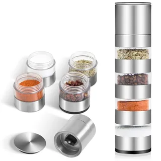 Mini Gewürzgläser Set mit Deckel, DASKING 4-in-1 Camping Gewürze Organizer mit Gewürzmühle, Manuelles Mahlen, Edelstahl Tragbare Gewürzdosen für Outdoor Picknick, BBQ, Reise -Spice Jars Gewürzstreuer