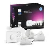 Philips Hue GU10 smarte Lampe, weißes und farbiges Licht, 3er-Pack mit Smart Button und Hue Bridge, Bluetooth kompatibel, Sprachsteuerung mit Alexa, Apple Home und Google Assistant