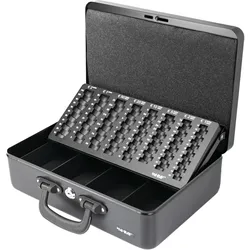HMF 22037-02 Geldkassette mit Münzzählbrett und 2 Tragegriffen, 36 x 25 x 11 cm, Schwarz