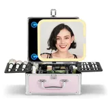 OMIRO Make Up Box mit Beleuchtetem Spiegel, Kosmetikkoffer mit Abnehmbarem Magnetspiegel (Rosa, Diamant-Texturen)