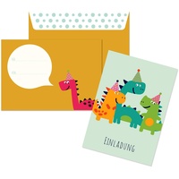 Friendly Fox Einladung Dino - 12 Einladungskarten Dinosaurier zum Kindergeburtstag Junge Mädchen - witzige Einladungskarten Geburtstag - Geburtstagskarte Dino (Mint)