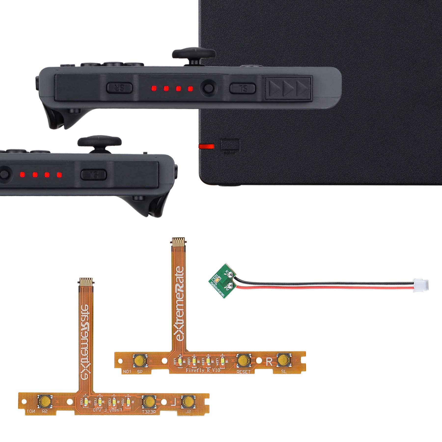 eXtremeRate Firefly LED Tuning Kit Ersatzteile für Nintendo Switch Joycons&Switch Dock,NS Joy Con SL SR Tasten Ribbon Flex Kable LED Anzeige Leuchte Power-LED Strips(Rot)-Joycons Dock Nicht enthalten