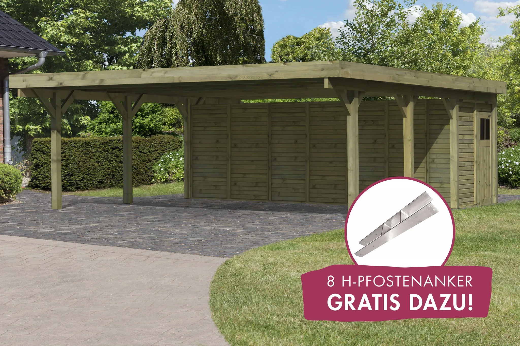 Doppelcarport KARIBU "Classic 2" Carports Gr. H: 206cm, braun mit Geräteraum