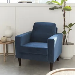 Fauteuil - Bjorn 1 - Entenblau, Samtüberzug, Struktur aus Eukalyptus, Holzbeine, Wohnzimmer-Sessel im Vintagelook