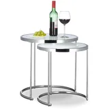Relaxdays Satztische rund, Chromgestell, 2er Set, modernes Design - Milchglas, Couchtisch Metall, Beistelltische, silber, 50 x 50 x 51 cm