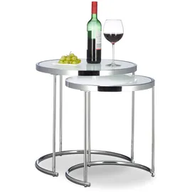 Relaxdays Satztische rund, Chromgestell, 2er Set, modernes Design - Milchglas, Couchtisch Metall, Beistelltische, silber, 50 x 50 x 51 cm