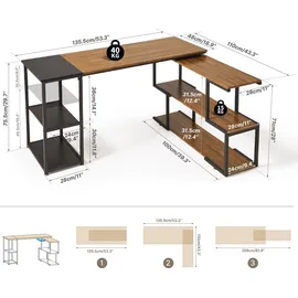 Mondeer Schreibtisch L-Förmig, Eckschreibtisch mit 360 Grad drehbarem Bücherregal und 2 Ablagen Bürotisch Arbeitstisch 135.5x110x75... - Braun/Schwarz