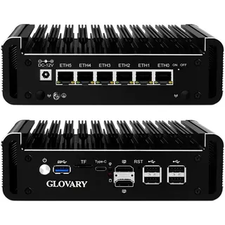 Glovary Firewall Mini PC N97 up to 3.6 GHz, 6 x i226V 2.5GbE LAN OPNsense Router Micro Appliance, Barebone, AES-NI, Fanless Computer Hardware, DDR5, 2 x NVMe Slot, 2 x SATA3.0, 2HD+USB-C 3 Display