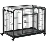 PawHut Transportbox Faltbarer Transportkäfig mit Rädern 2 abschließbare Türen und abnehmbares Tablett Metall Grau+Schwarz 94 x 58 x 69,5 cm